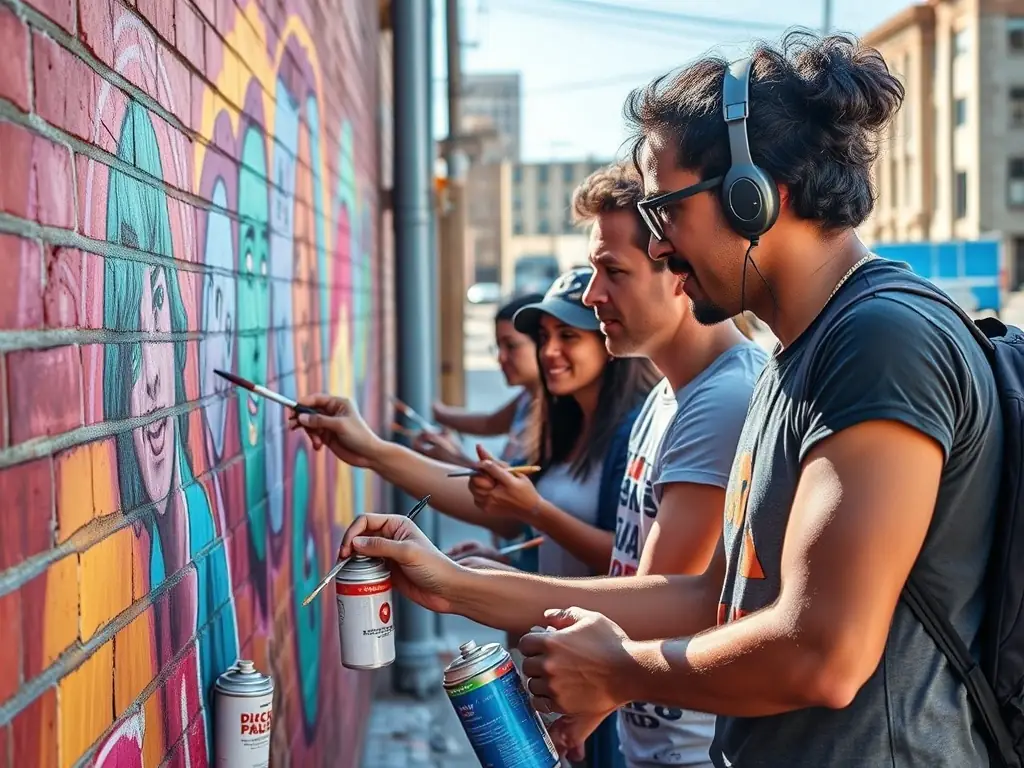 An inspiring image of a community mural project supported by ASSOCIATION AURA IMAGO, with volunteers collaborating to create a colorful and meaningful artwork that reflects the community's identity and values.