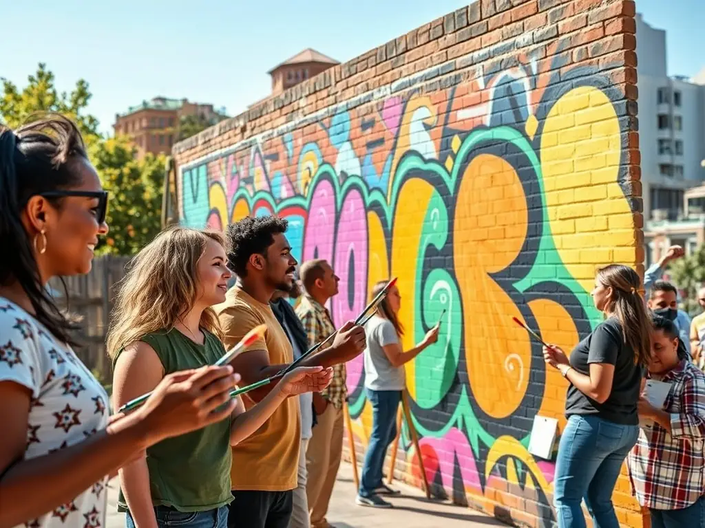 An image of a diverse group of people participating in a community mural painting project, showcasing collaboration and artistic expression.