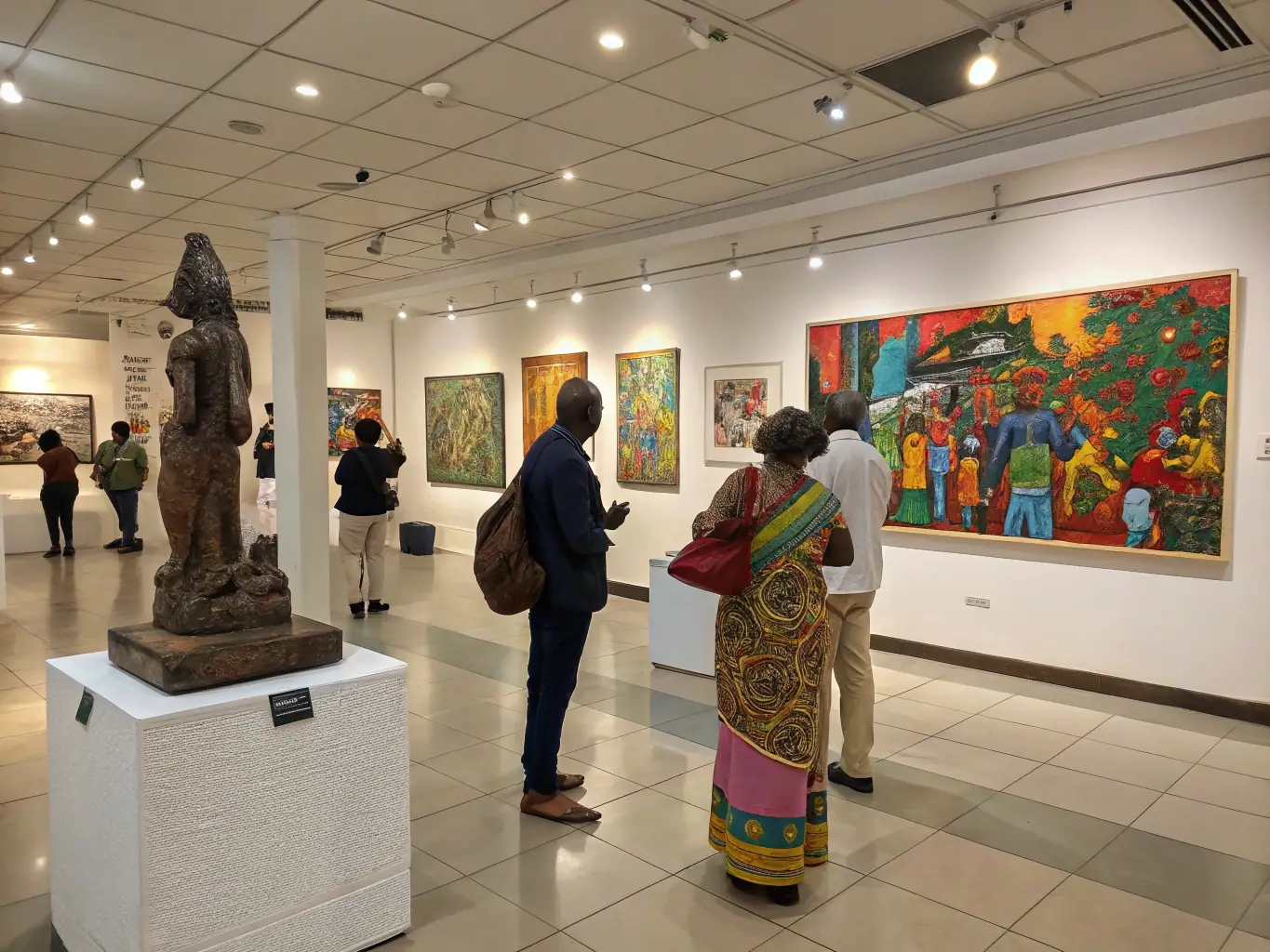 A photograph of an art exhibition showcasing the works of local artists, emphasizing the organization's support for creative talent.