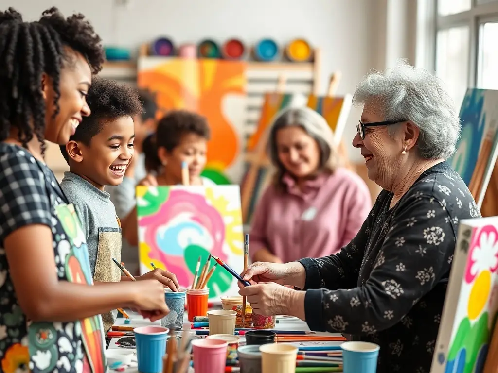A vibrant image showcasing a community art workshop in progress, with participants of all ages engaged in painting and creative activities, reflecting the inclusive and participatory nature of ASSOCIATION AURA IMAGO's cultural programs.